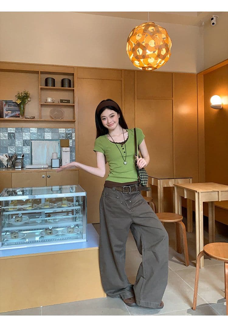 프랑스 리브 원본 원단 녹색 페이크 레이어드 패치워크 긍정적 인 어깨 반팔 티셔츠 여성 여름 몸매 가꾸기 맨위 상세 이미지 3
