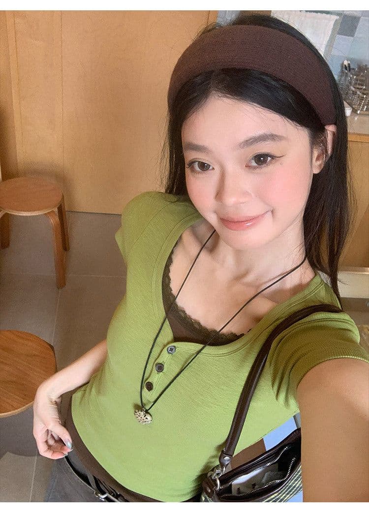 프랑스 리브 원본 원단 녹색 페이크 레이어드 패치워크 긍정적 인 어깨 반팔 티셔츠 여성 여름 몸매 가꾸기 맨위 상세 이미지 7