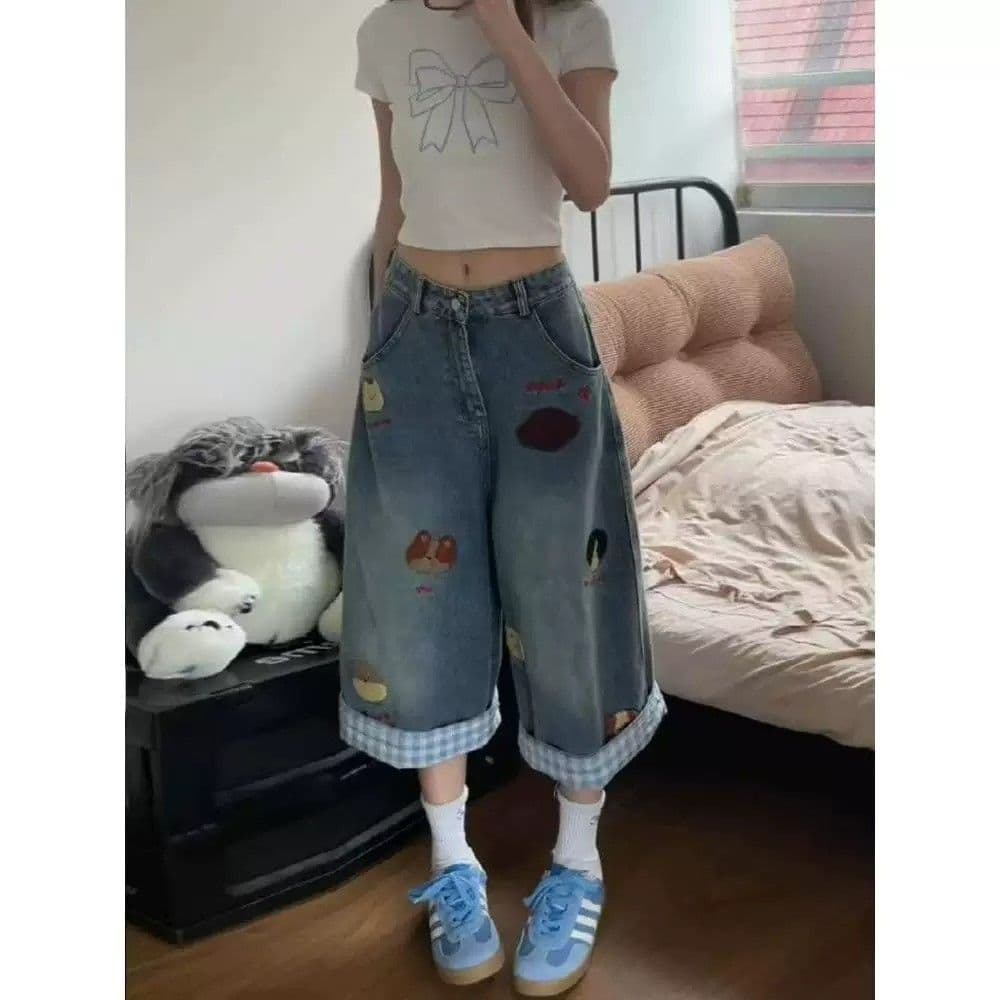 아메리칸 레트로 자수 데님 7부 바지 여성 여름 체크무늬 패치워크 디자인 루즈핏 슬림해 보이는 넓은 다리 바지 이미지 2
