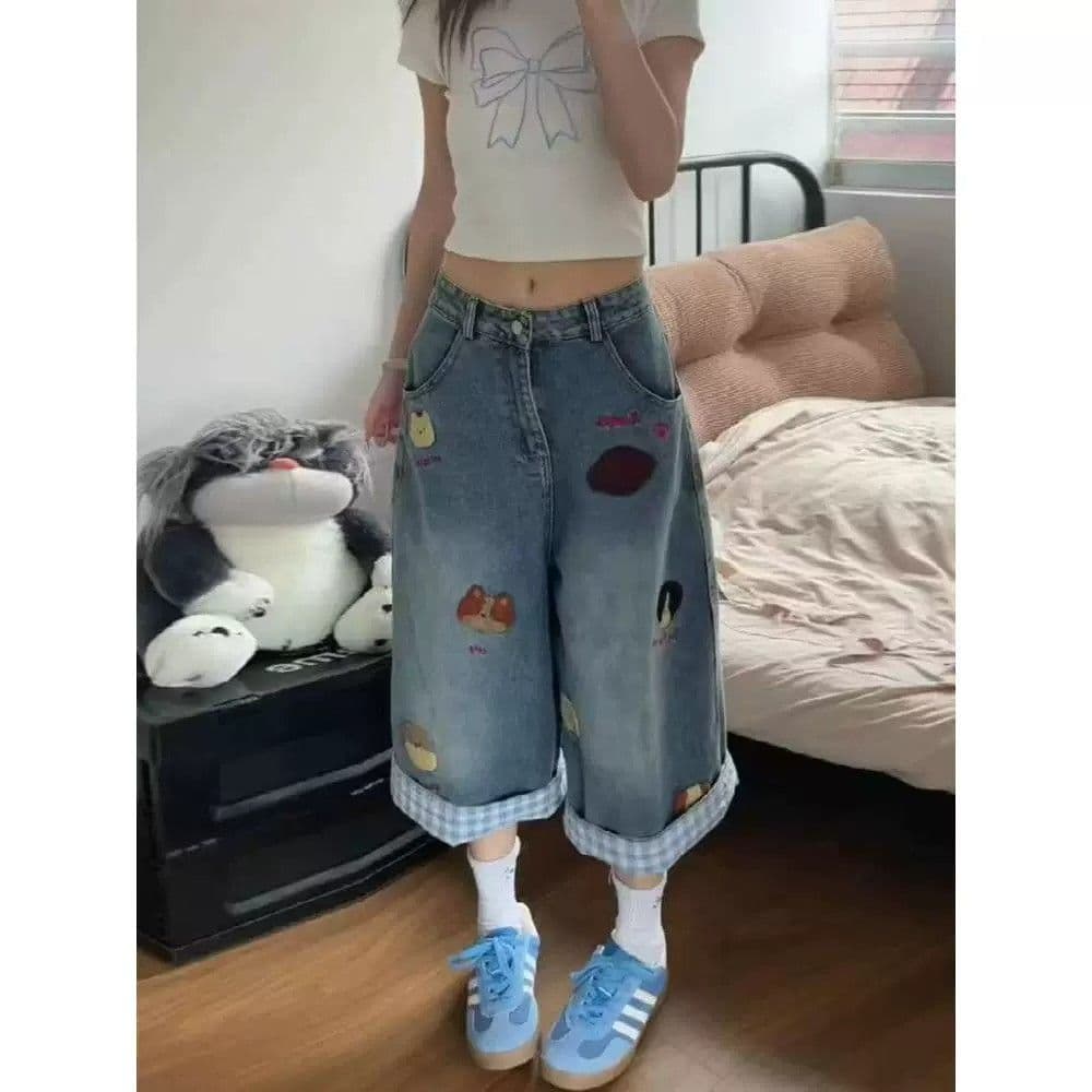 아메리칸 레트로 자수 데님 7부 바지 여성 여름 체크무늬 패치워크 디자인 루즈핏 슬림해 보이는 넓은 다리 바지 상세 이미지 2