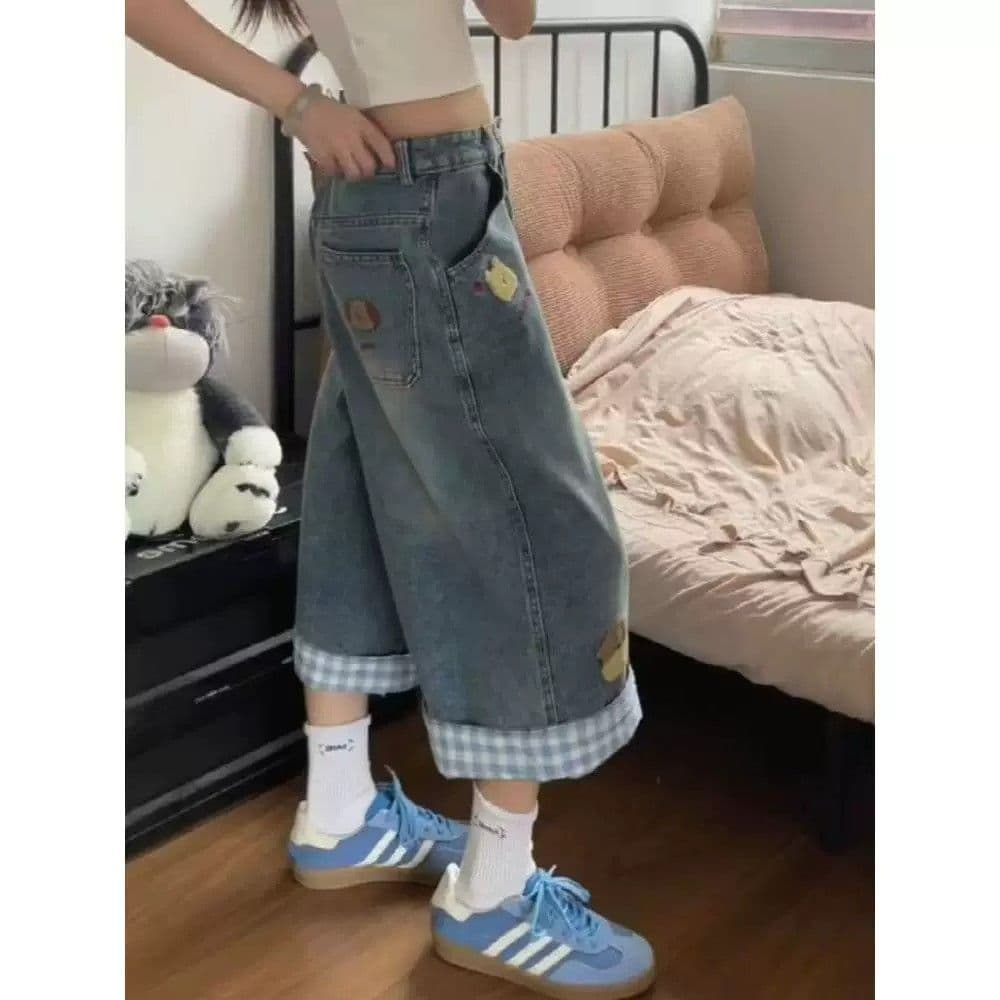 아메리칸 레트로 자수 데님 7부 바지 여성 여름 체크무늬 패치워크 디자인 루즈핏 슬림해 보이는 넓은 다리 바지 상세 이미지 5