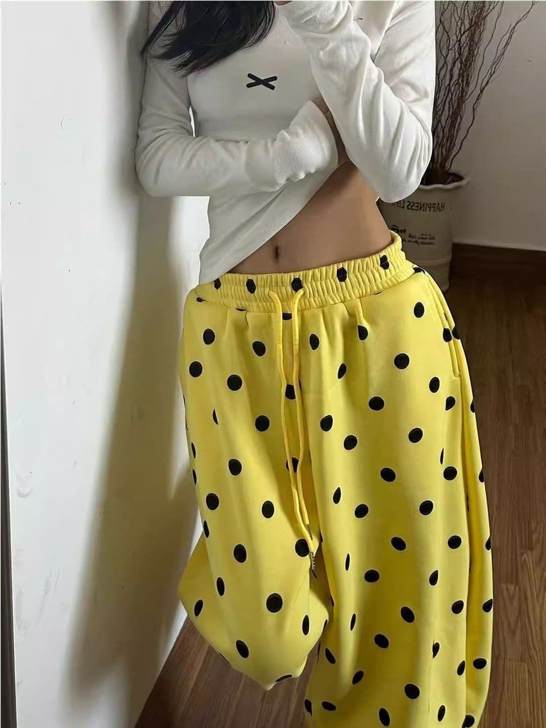 3 차원 허리 머리 순수한 Mianhua 면 황색 도트 무늬 캐주얼 바지 봄 여름 섹션 루즈핏 느긋한 느슨함 센스 스트레이트 팬츠 상세 이미지 5