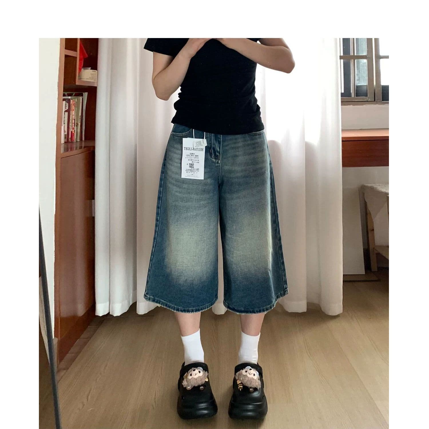 개성 캐주얼 디자인 센스 데님 7부 바지 여성 봄 여름 새로운 워싱 다용도 루즈핏 넓은 다리 청바지 트렌디 상세 이미지 1