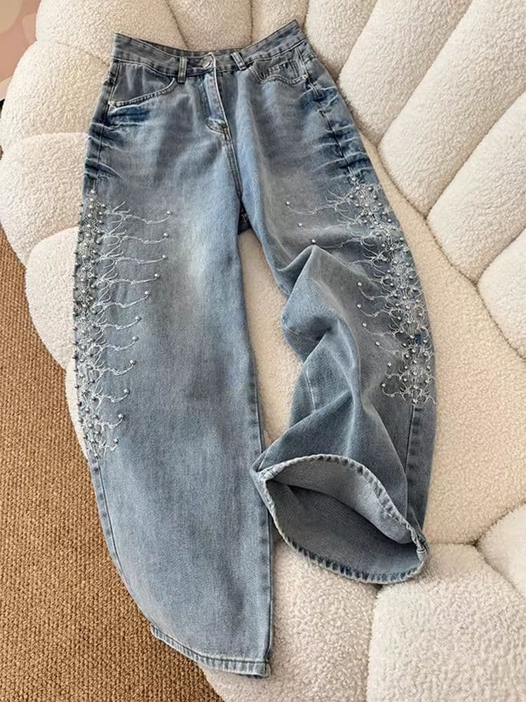 조수 브랜드 뱀 똥 등뼈 작은 대중 레트로 워싱 등뼈 금속 버드 나무 못 자수 디자인 센스 남녀 데님 와이드 레그 팬츠 상세 이미지 3