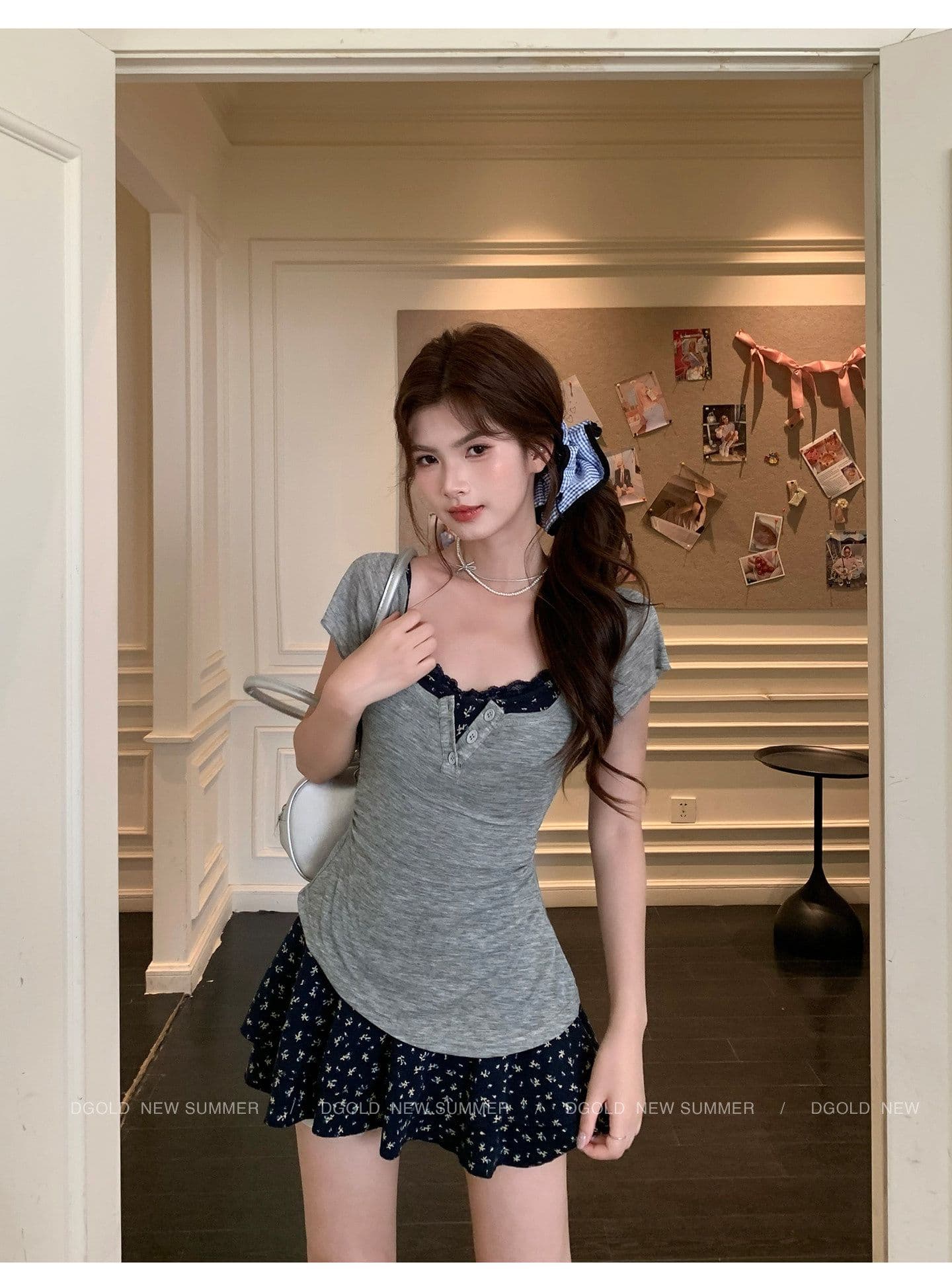 투피스 세트 달콤한 매운맛 덜 여자 칼라 꽃무늬 반팔 여성 드레스 여름 특별 아름다운 꼬집기 허리 작은 치마 상세 이미지 3