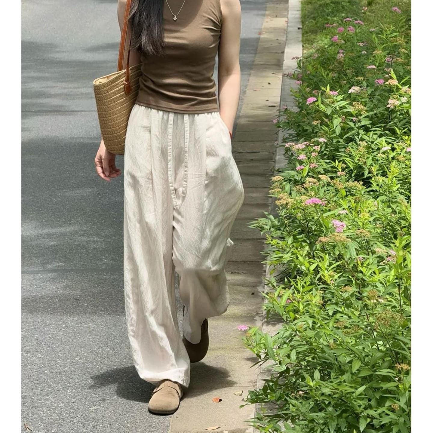 아마 도루 센스 와이드 레깅스 바지 여름 얇은 스타일 블루 색상 얼음 실크 바지 빅 사이즈 통통한 여동생 슬림해 보이는 면 린넨 모통이 칼 바지 상세 이미지 1