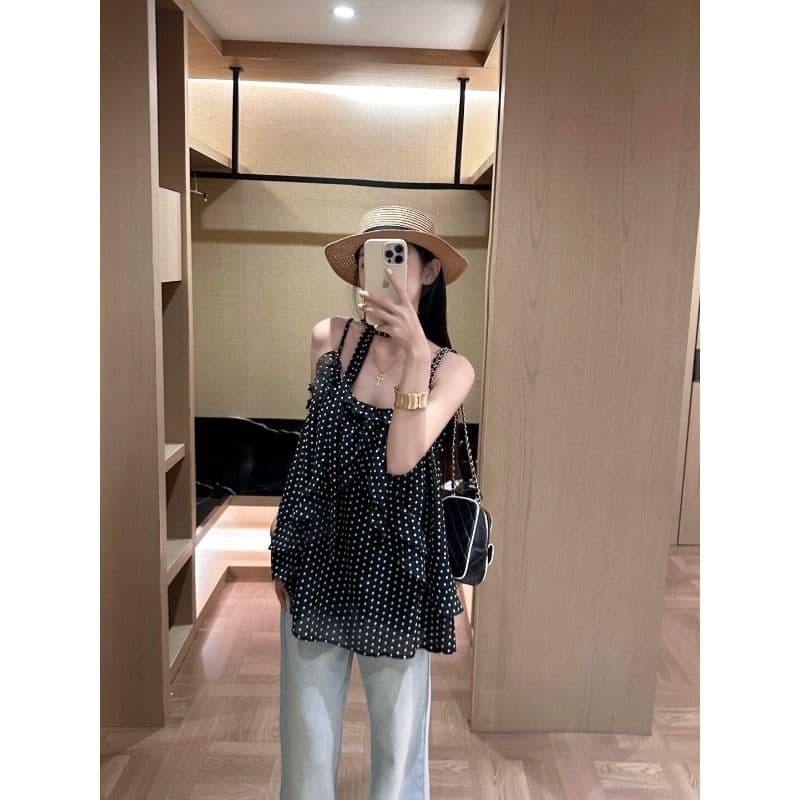 망사 네리 수 있습니다. 조정 어깨끈 도트 무늬 프릴 캐미솔 행침 목 레이스업 쉬폰 톱 이미지 3