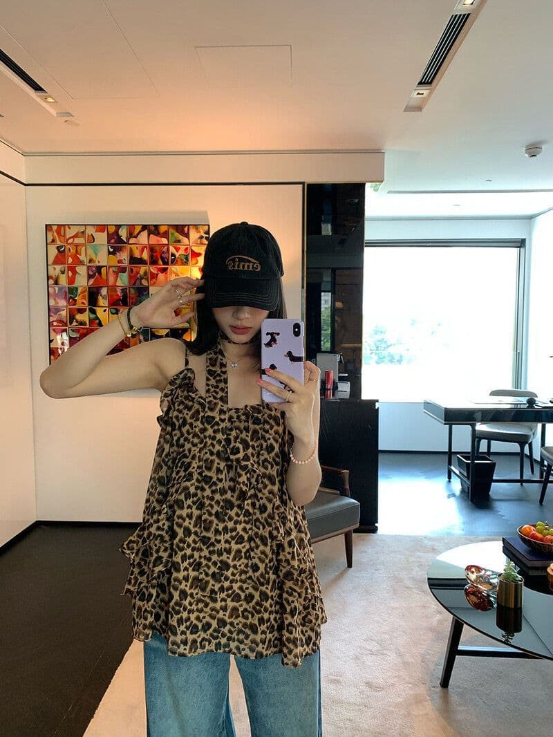 망사 네리 수 있습니다. 조정 어깨끈 도트 무늬 프릴 캐미솔 행침 목 레이스업 쉬폰 톱 상세 이미지 20
