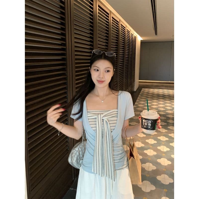 원본 것 스택 착용 두 조각 여성 세트 한 부서 십자가 V넥 티셔츠 스트라이프 레이스업 튜브탑 조끼 세트 이미지 5