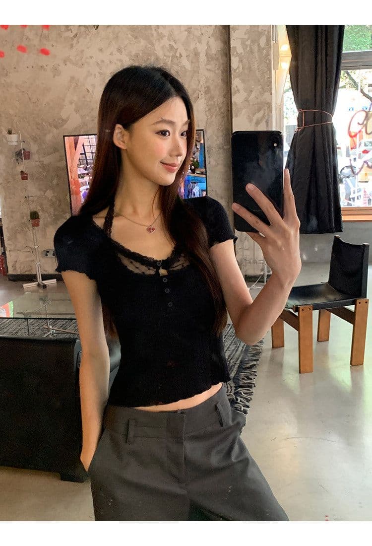 브로케이드 면 자카드 반팔 티셔츠 여성 폭발 Z아 어깨 몸매 가꾸기 검정색 쇼트 스타일 고유 한 슈퍼 잘 생긴 맨위 상세 이미지 4