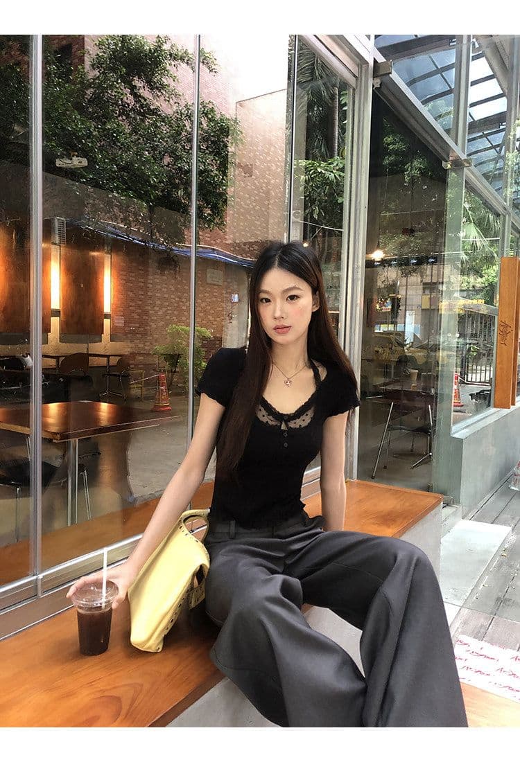 브로케이드 면 자카드 반팔 티셔츠 여성 폭발 Z아 어깨 몸매 가꾸기 검정색 쇼트 스타일 고유 한 슈퍼 잘 생긴 맨위 상세 이미지 8
