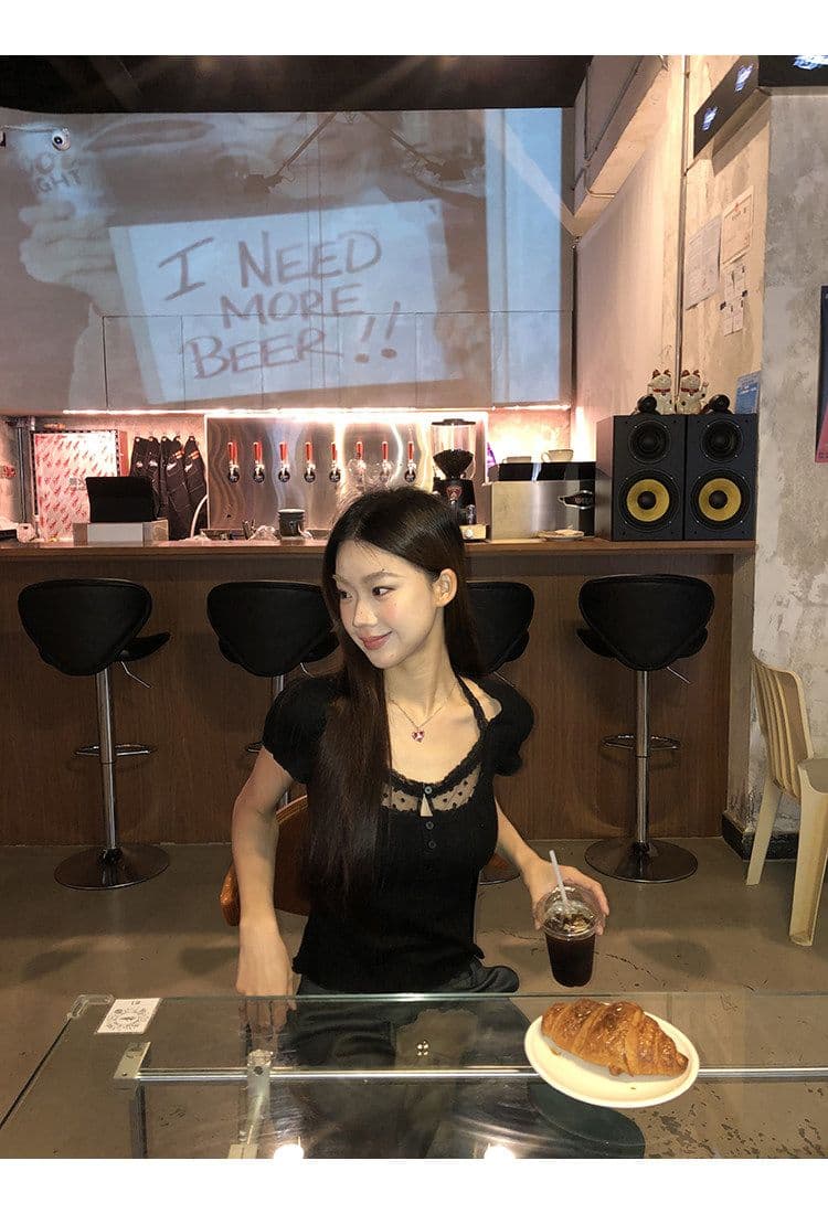 브로케이드 면 자카드 반팔 티셔츠 여성 폭발 Z아 어깨 몸매 가꾸기 검정색 쇼트 스타일 고유 한 슈퍼 잘 생긴 맨위 상세 이미지 13