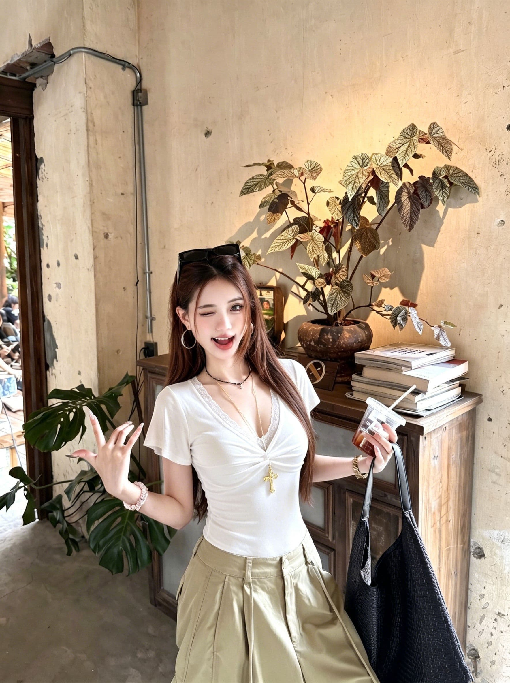원본 원단 레이스 매듭 V넥 반팔 티셔츠 여성 여름 디자인 센스 몸매 가꾸기 긍정적 인 어깨 허리 수축 맨위 상세 이미지 30