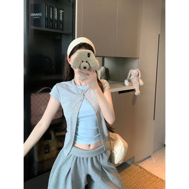 와 사고 방식 페이크 레이어드 반팔 티셔츠 여성 여름 디자인 센스 배색 패치워크 몸매 가꾸기 슬림해 보이는 맨위 트렌디 이미지 3