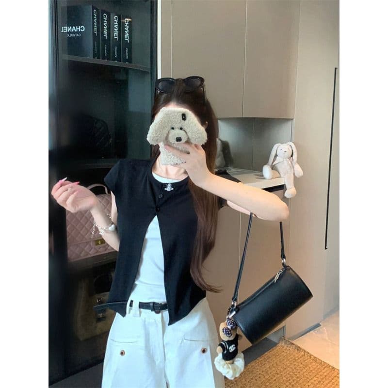 와 사고 방식 페이크 레이어드 반팔 티셔츠 여성 여름 디자인 센스 배색 패치워크 몸매 가꾸기 슬림해 보이는 맨위 트렌디 이미지 4