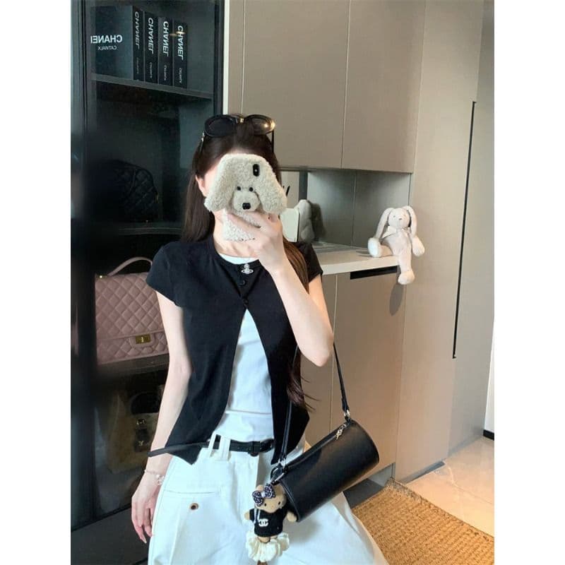 와 사고 방식 페이크 레이어드 반팔 티셔츠 여성 여름 디자인 센스 배색 패치워크 몸매 가꾸기 슬림해 보이는 맨위 트렌디 이미지 2
