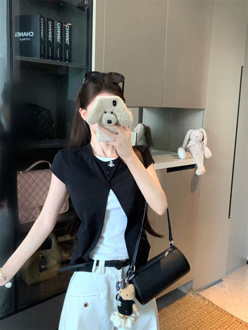 와 사고 방식 페이크 레이어드 반팔 티셔츠 여성 여름 디자인 센스 배색 패치워크 몸매 가꾸기 슬림해 보이는 맨위 트렌디 상세 이미지 30