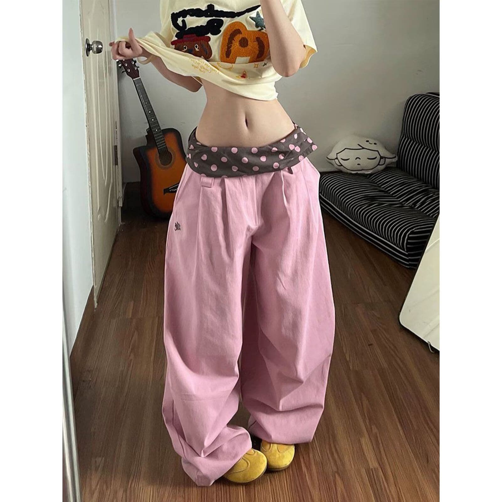 광저우 원단 순면 핑크색 한 부서 허리밴드 배색 와이드 레깅스 바지 봄날 착용 가져 가라. 루즈핏 스트레이트 캐주얼 이미지 5