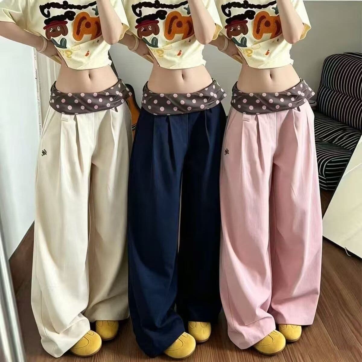 광저우 원단 순면 핑크색 한 부서 허리밴드 배색 와이드 레깅스 바지 봄날 착용 가져 가라. 루즈핏 스트레이트 캐주얼 이미지 2