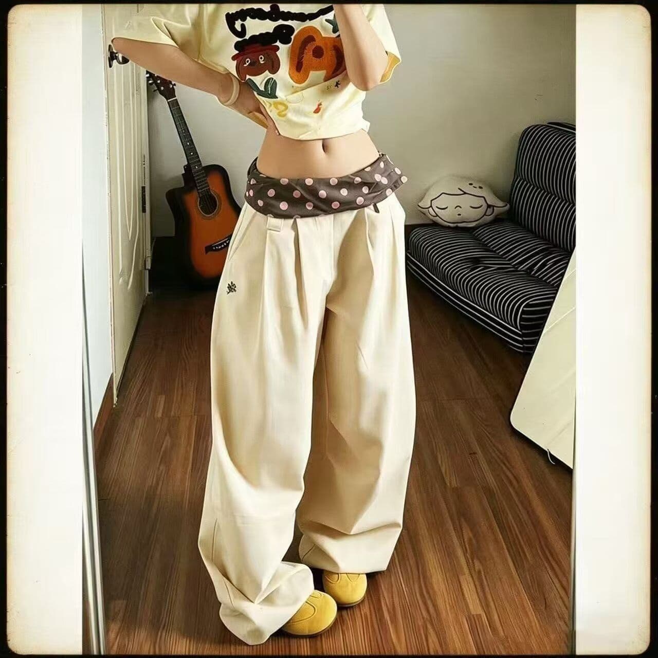 광저우 원단 순면 핑크색 한 부서 허리밴드 배색 와이드 레깅스 바지 봄날 착용 가져 가라. 루즈핏 스트레이트 캐주얼 상세 이미지 3