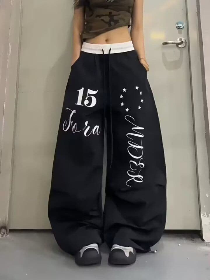 광저우 원단 순면 레트로 알파벳 프린트 운동 캐주얼 웨이 바지 여성 새로운 루즈핏 넓은 다리 바닥 청소 바지 상세 이미지 1