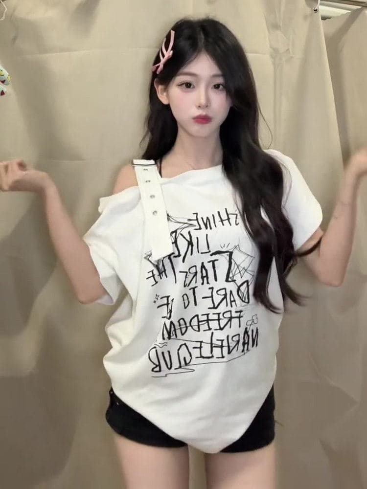 아메리칸 레트로 창의성 프린트 비스듬한 어깨 반팔 티셔츠 여성 여름 루즈핏 슬림해 보이는 느긋한 달콤한 차가운 오프숄더 이미지 5