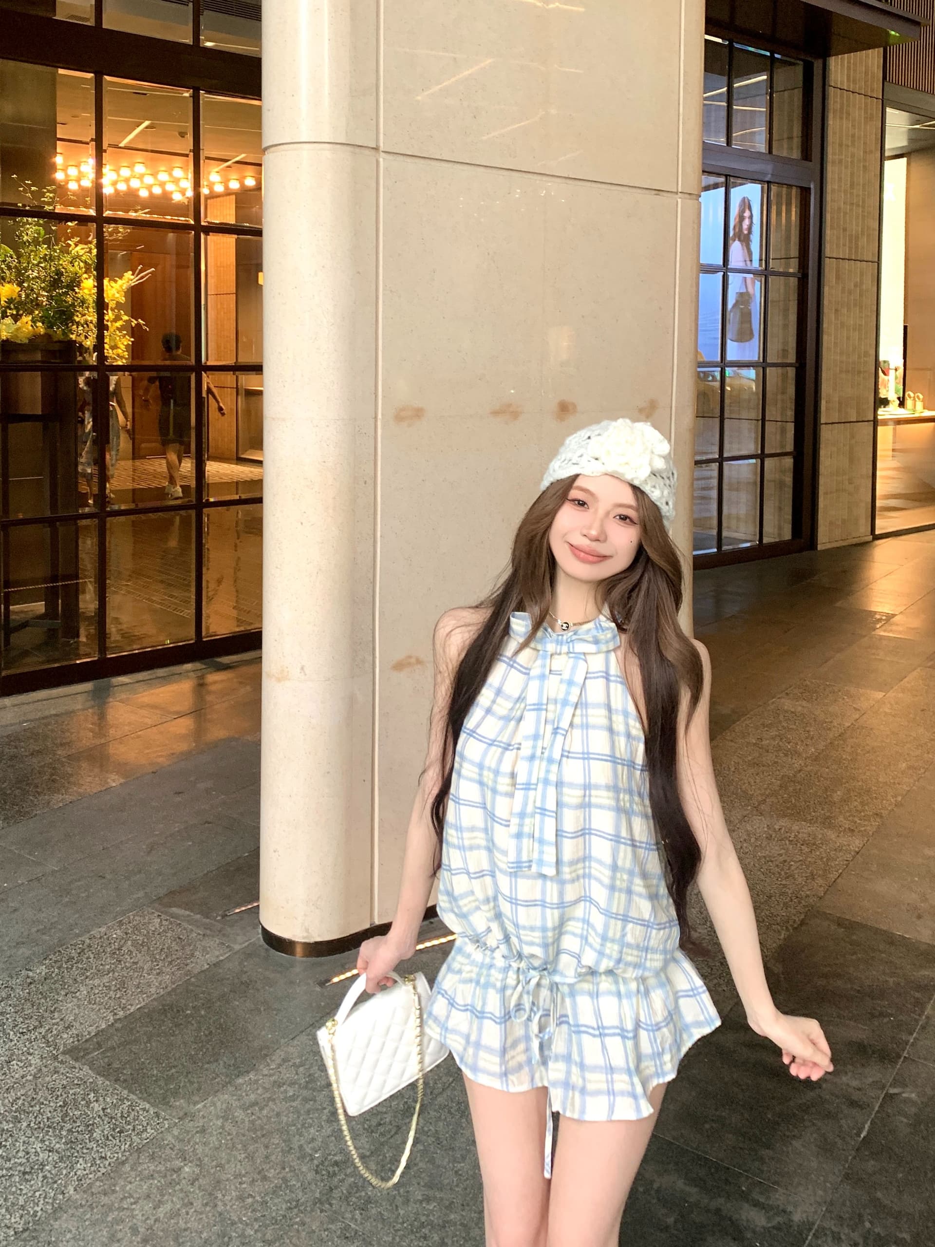 프랑스식 연령 감소 나비 매듭 체크무늬 행침 목 여성 드레스 여름 품격 캐주얼 슬림해 보이는 작은 대중 A라인 스커트 미니 스커트 상세 이미지 14