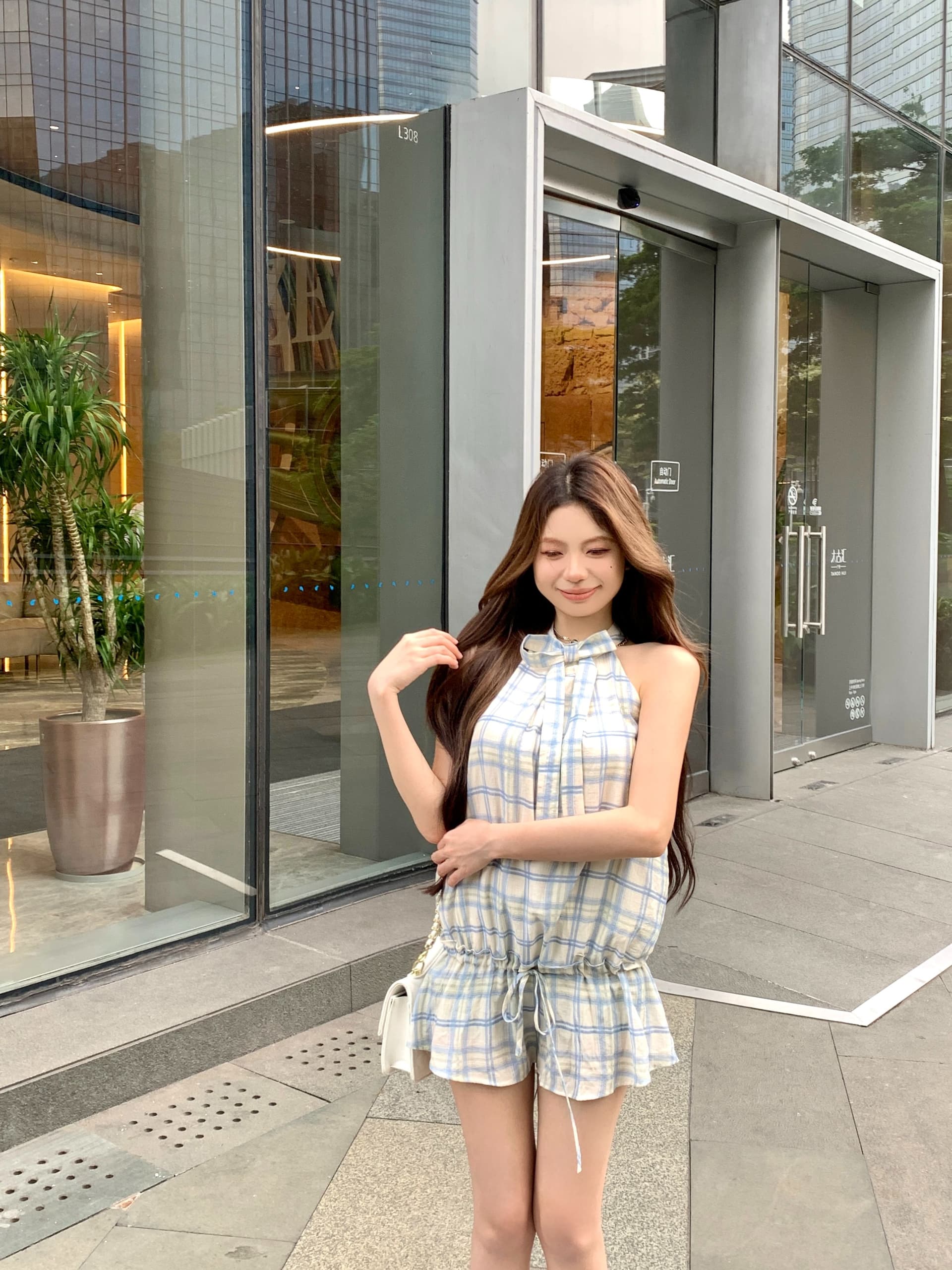 프랑스식 연령 감소 나비 매듭 체크무늬 행침 목 여성 드레스 여름 품격 캐주얼 슬림해 보이는 작은 대중 A라인 스커트 미니 스커트 상세 이미지 15