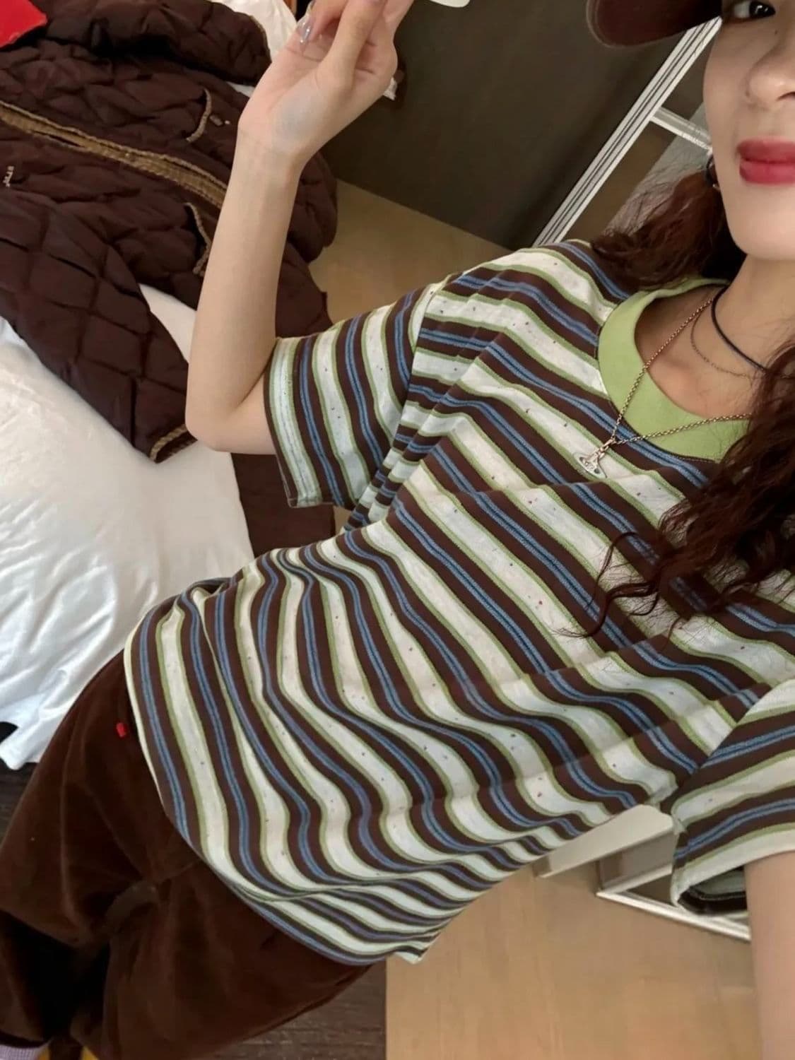 원본 원단 고유 한 배색 스트라이프 반팔 티셔츠 여성 한 부서 루즈핏 캐주얼 Chic 여성 의류 이미지 3