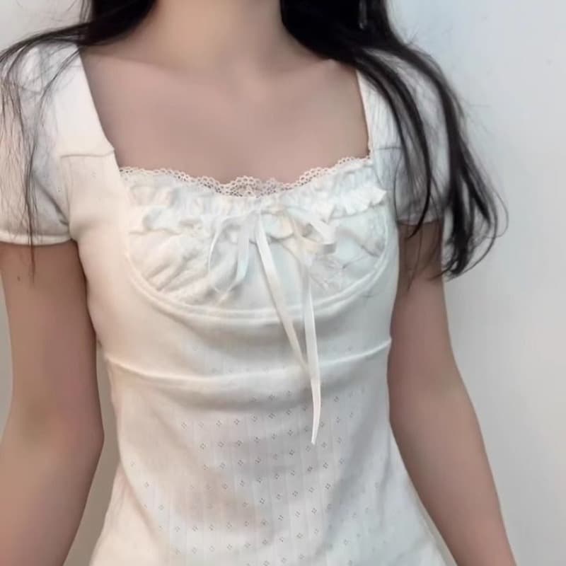 메이 스타일 210 그램 발레 바람 레이스 레이스 패치워크 나비 매듭 반팔 티셔츠 여성 셔츠 이미지 5