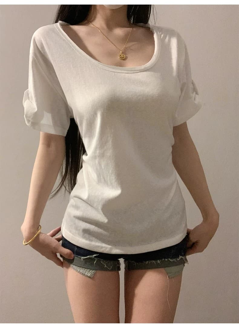순수한 욕망 핫걸 둘 착용 허리 수축 u 칼라 반팔 티셔츠 여성 2026 여름 얇은 스타일 루즈핏 슬림해 보이는 화이트 다용도 맨위 상세 이미지 3
