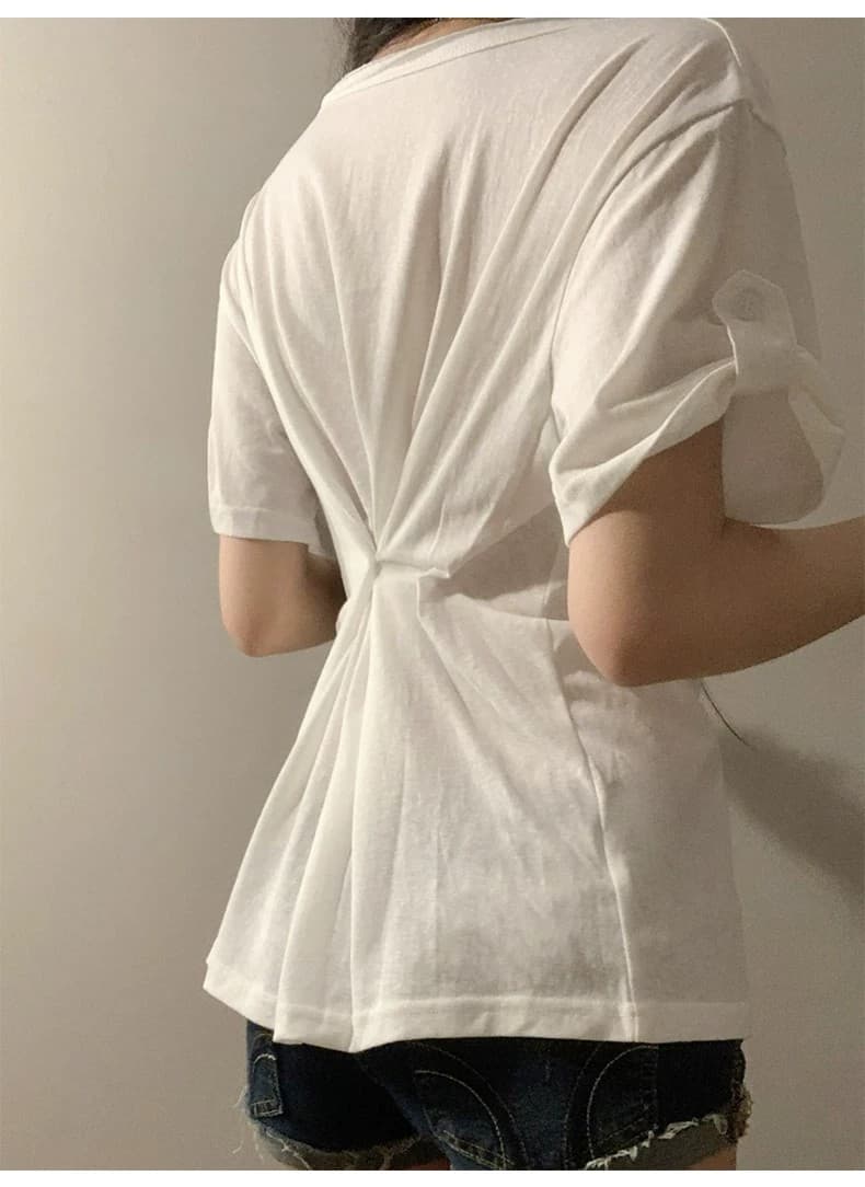 순수한 욕망 핫걸 둘 착용 허리 수축 u 칼라 반팔 티셔츠 여성 2026 여름 얇은 스타일 루즈핏 슬림해 보이는 화이트 다용도 맨위 상세 이미지 4