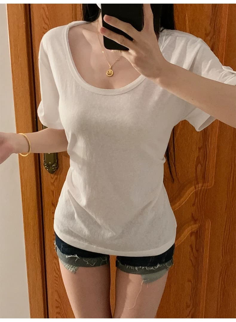 순수한 욕망 핫걸 둘 착용 허리 수축 u 칼라 반팔 티셔츠 여성 2026 여름 얇은 스타일 루즈핏 슬림해 보이는 화이트 다용도 맨위 상세 이미지 5