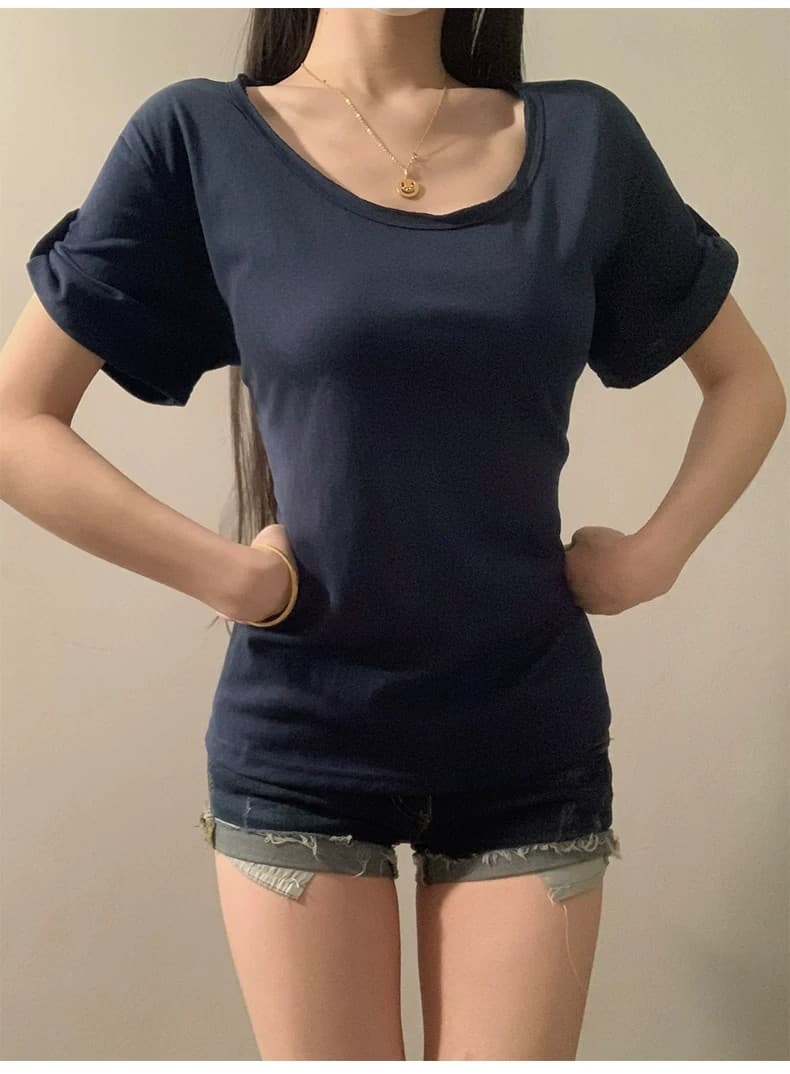 순수한 욕망 핫걸 둘 착용 허리 수축 u 칼라 반팔 티셔츠 여성 2026 여름 얇은 스타일 루즈핏 슬림해 보이는 화이트 다용도 맨위 상세 이미지 12