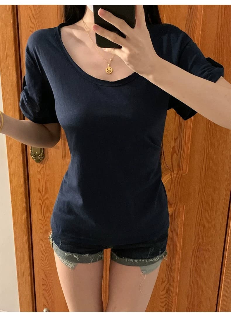 순수한 욕망 핫걸 둘 착용 허리 수축 u 칼라 반팔 티셔츠 여성 2026 여름 얇은 스타일 루즈핏 슬림해 보이는 화이트 다용도 맨위 상세 이미지 14
