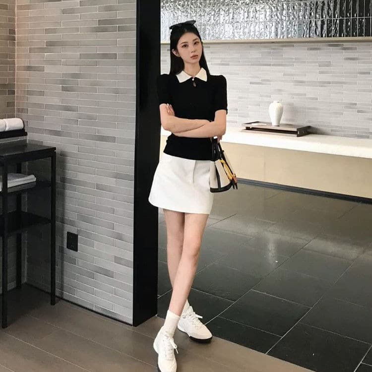라이 경기 서울 한 부서 순수한 욕망 바람 배색 폴로 칼라 반팔 티셔츠 여름 새로운 한국 스타일 니트 스웨터 이미지 3