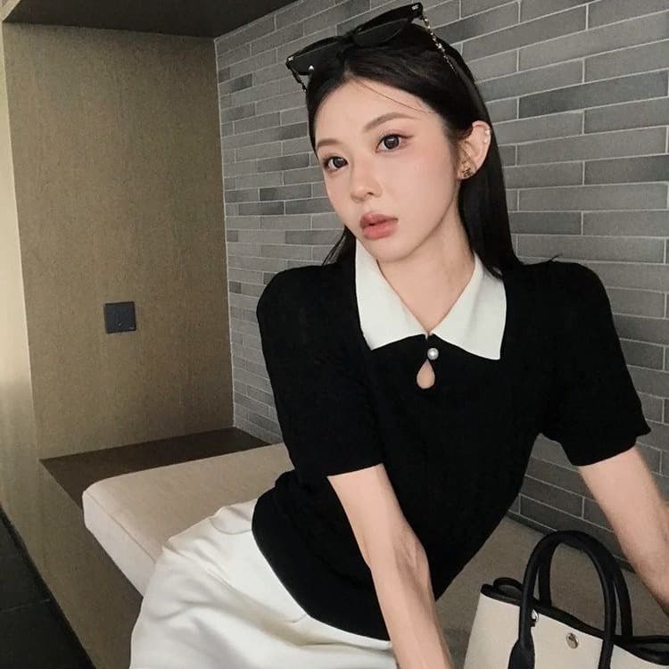 라이 경기 서울 한 부서 순수한 욕망 바람 배색 폴로 칼라 반팔 티셔츠 여름 새로운 한국 스타일 니트 스웨터 이미지 4
