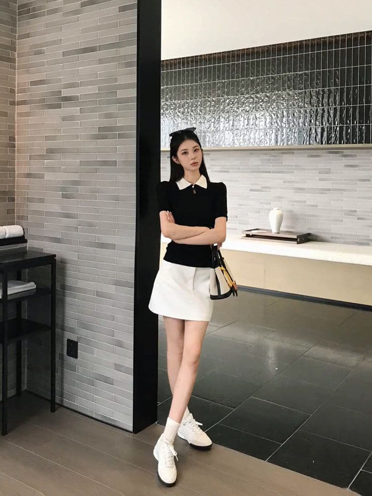 라이 경기 서울 한 부서 순수한 욕망 바람 배색 폴로 칼라 반팔 티셔츠 여름 새로운 한국 스타일 니트 스웨터 상세 이미지 3