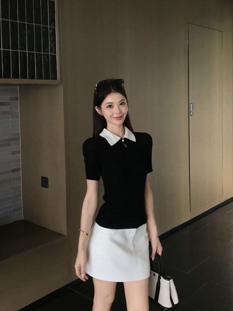 라이 경기 서울 한 부서 순수한 욕망 바람 배색 폴로 칼라 반팔 티셔츠 여름 새로운 한국 스타일 니트 스웨터 상세 이미지 4