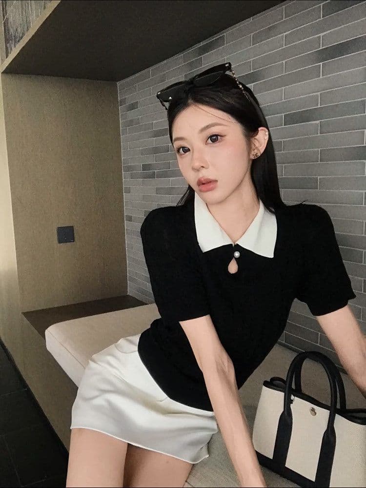 라이 경기 서울 한 부서 순수한 욕망 바람 배색 폴로 칼라 반팔 티셔츠 여름 새로운 한국 스타일 니트 스웨터 상세 이미지 5