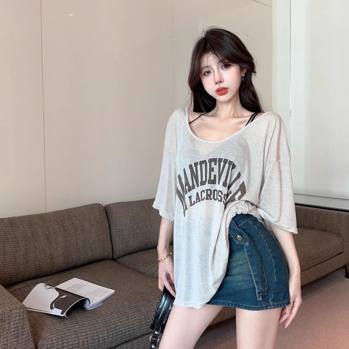 원본 원단 순수한 욕망 윈디 V넥 얇은 스타일 티셔츠 여성 여름 루즈핏 디자인 센스 반팔 맨위 트렌디 상세 이미지 5