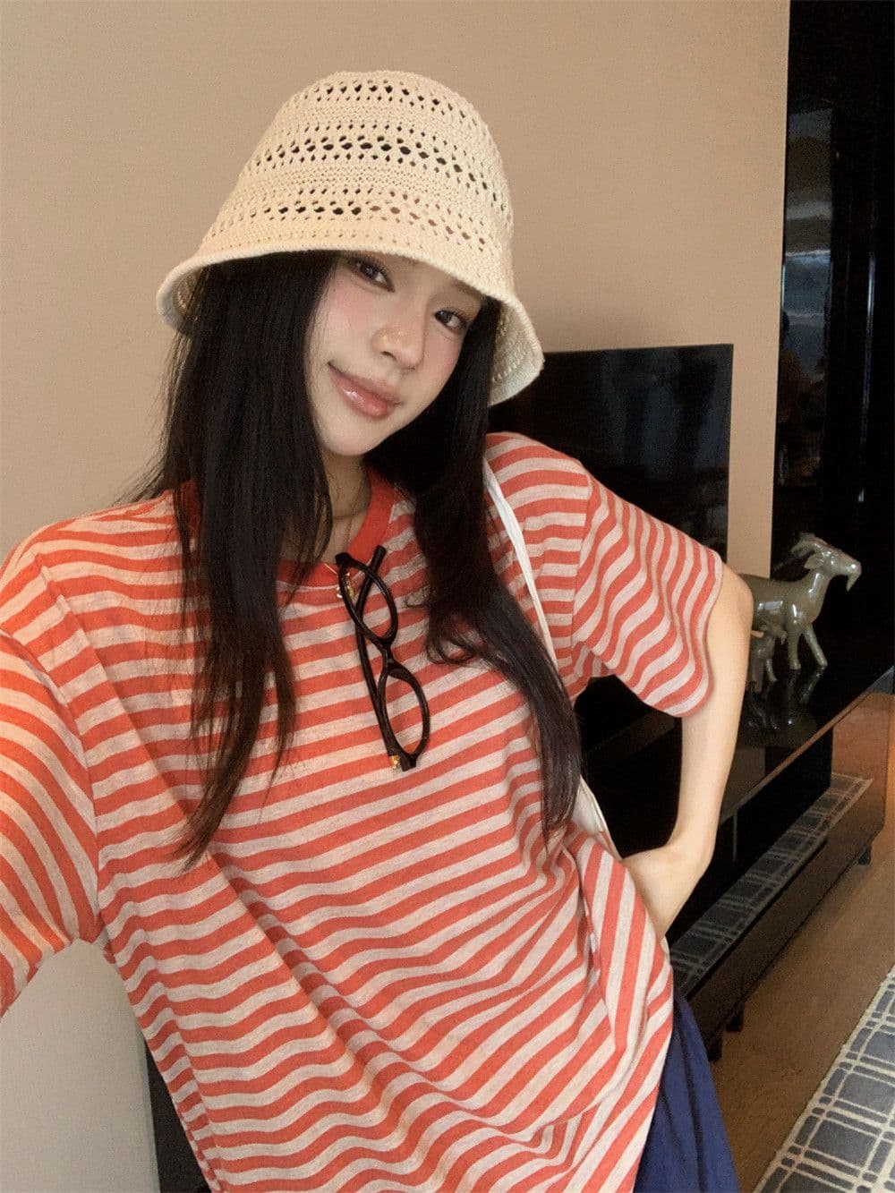 원본 컬러 짜임 기사 느긋한 바람 라운드 넥 배색 스트라이프 긴팔 티셔츠 여성 여름 티셔츠 상세 이미지 12