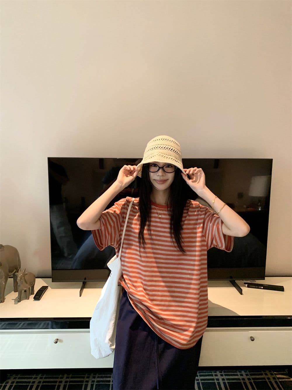 원본 컬러 짜임 기사 느긋한 바람 라운드 넥 배색 스트라이프 긴팔 티셔츠 여성 여름 티셔츠 상세 이미지 16