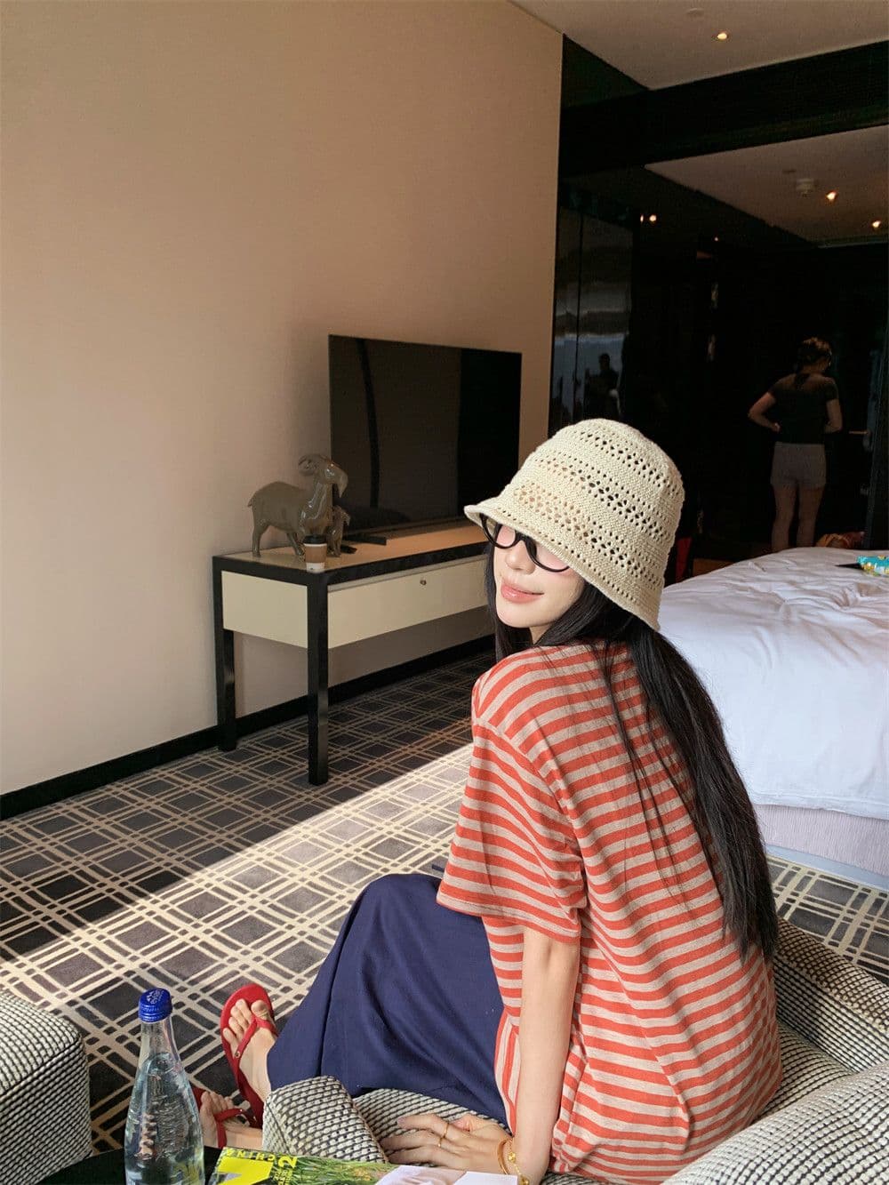 원본 컬러 짜임 기사 느긋한 바람 라운드 넥 배색 스트라이프 긴팔 티셔츠 여성 여름 티셔츠 상세 이미지 19