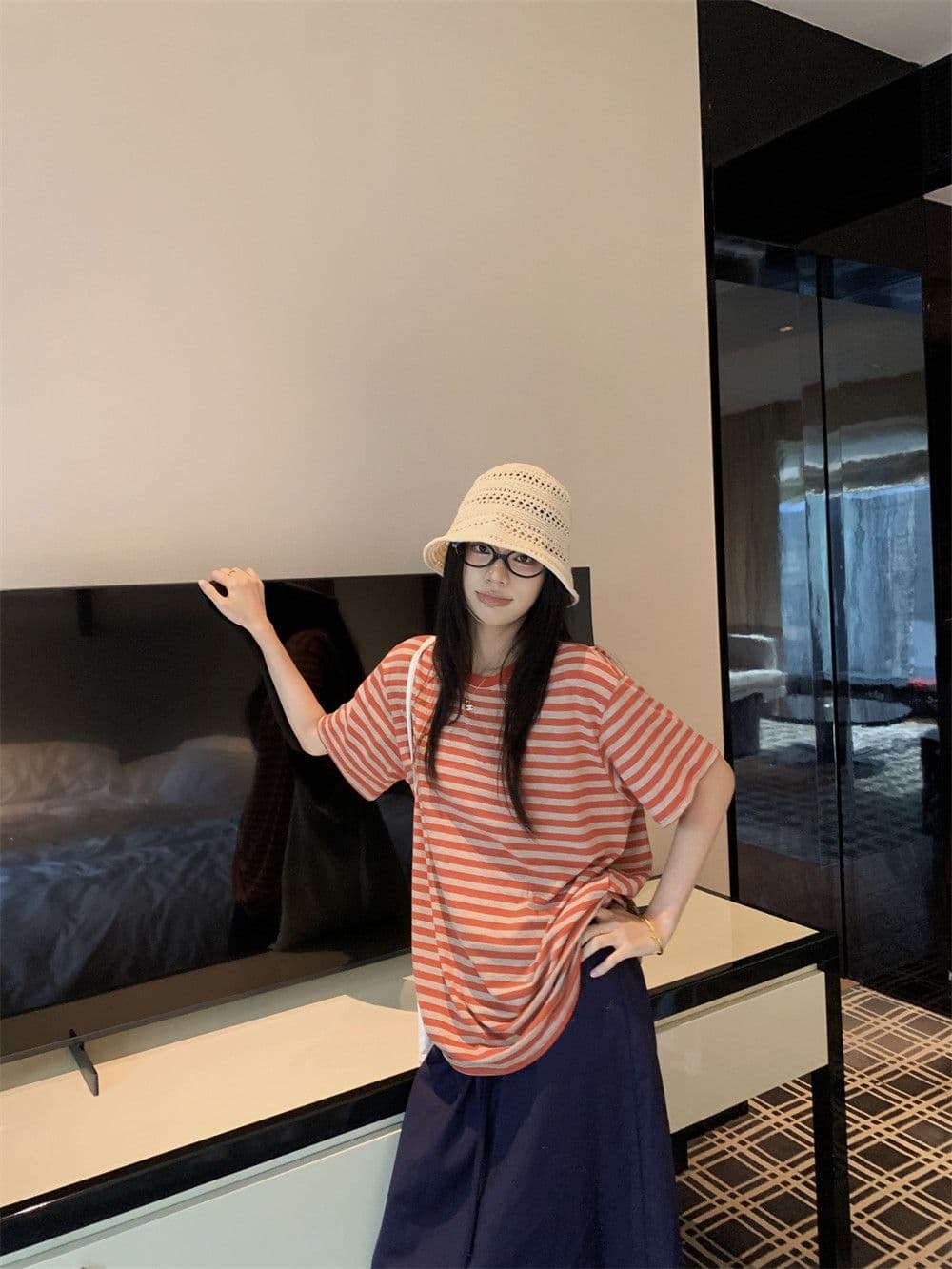 원본 컬러 짜임 기사 느긋한 바람 라운드 넥 배색 스트라이프 긴팔 티셔츠 여성 여름 티셔츠 상세 이미지 21