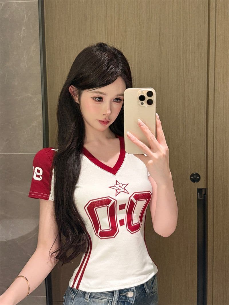 이후 패키지 칼라 40 순면 95 면 프린트 당겨서 바 몸매 가꾸기 알파벳 반팔 쇼트 스타일 슬림해 보이는 다용도 티셔츠 이미지 3