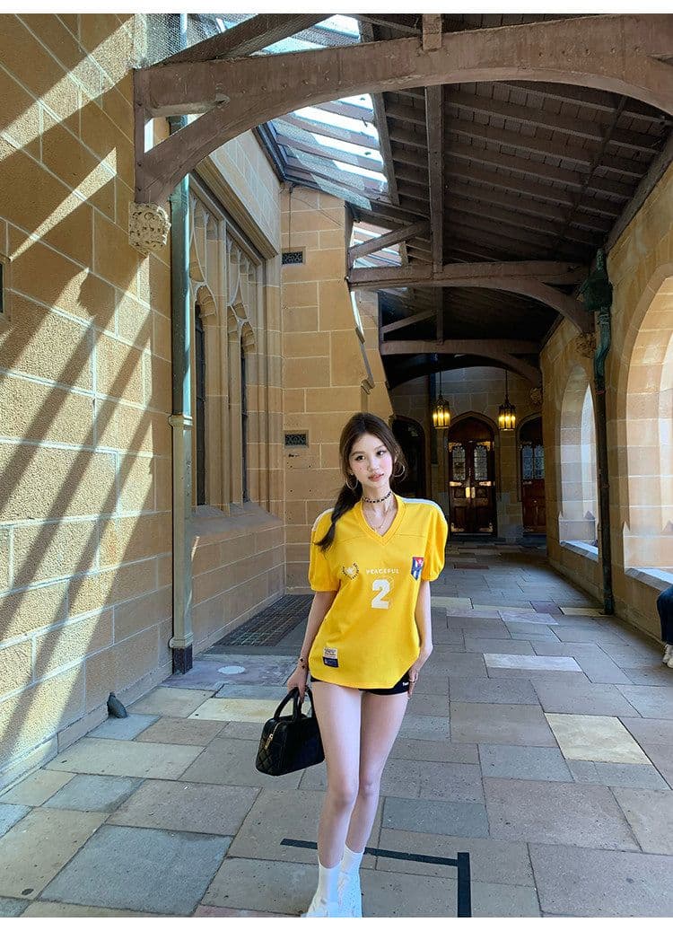 원단 버드 눈 프린트 새로운 아메리칸 레트로 V넥 저지 프린트 티셔츠 여성 루즈핏 캐주얼 슬림해 보이는 반팔 상세 이미지 3