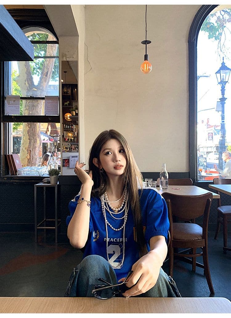 원단 버드 눈 프린트 새로운 아메리칸 레트로 V넥 저지 프린트 티셔츠 여성 루즈핏 캐주얼 슬림해 보이는 반팔 상세 이미지 10