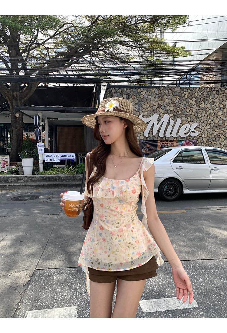레드 맨 파빌리온 캐미솔 여름 외출용 2026 슈퍼 화재 연령 감소 황색 프랑스식 디자인 센스 꽃무늬 민소매 맨위 상세 이미지 16