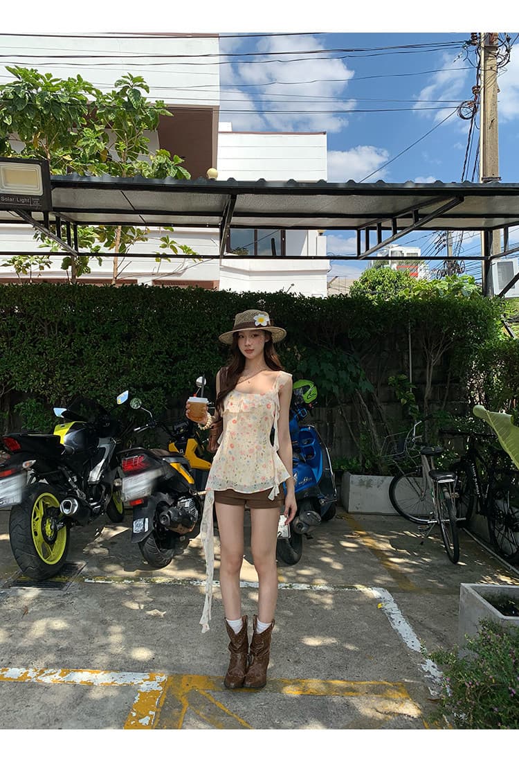 레드 맨 파빌리온 캐미솔 여름 외출용 2026 슈퍼 화재 연령 감소 황색 프랑스식 디자인 센스 꽃무늬 민소매 맨위 상세 이미지 18